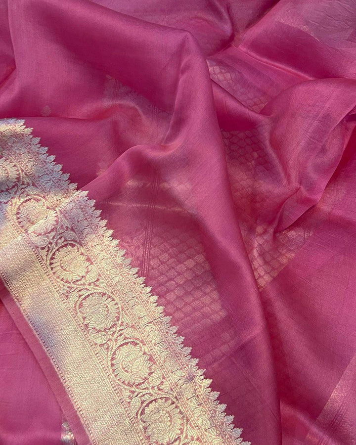 Onion Banarasi Handloom Kora Silk Saree - Aura Benaras