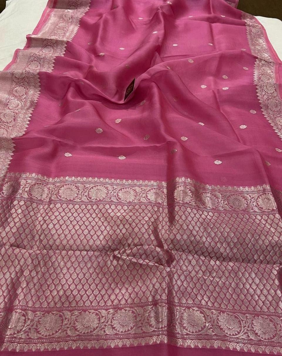 Onion Banarasi Handloom Kora Silk Saree - Aura Benaras