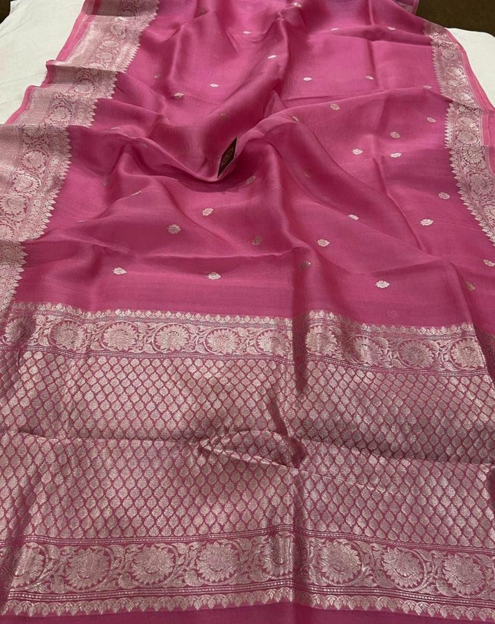 Onion Banarasi Handloom Kora Silk Saree - Aura Benaras