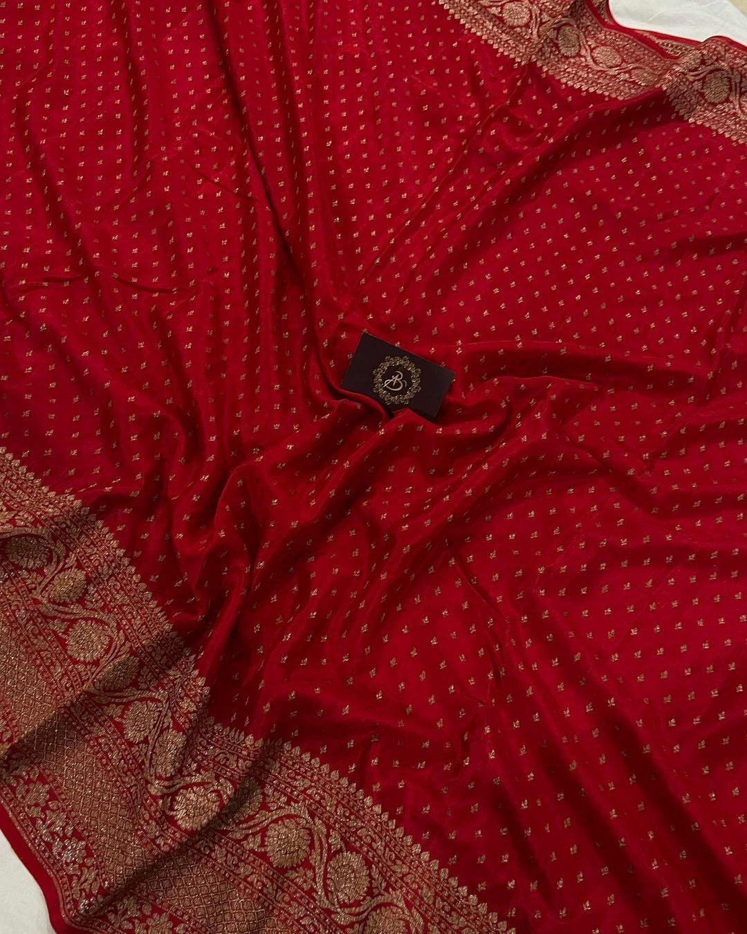 Red Pure Banarasi Khaddi Crepe Silk Saree - Aura Benaras