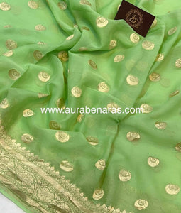 Pista green Banarasi Handloom Pure Georgette Saree - Aura Benaras