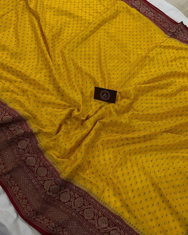 Yellow Pure Banarasi Khaddi Crepe Silk Saree - Aura Benaras