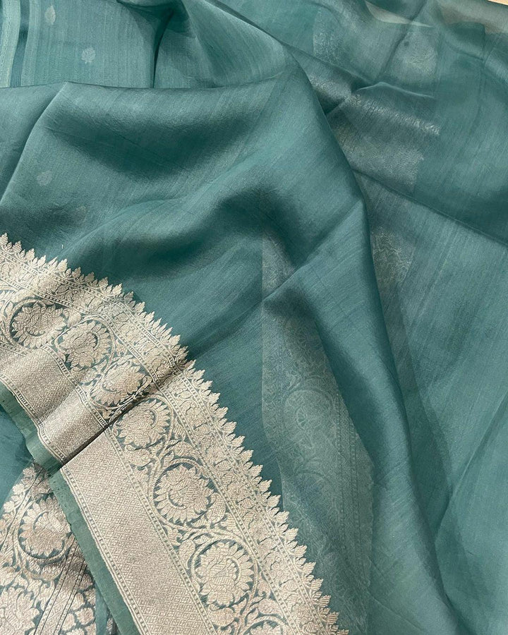 Greyish Green Banarasi Handloom Kora Silk Saree - Aura Benaras