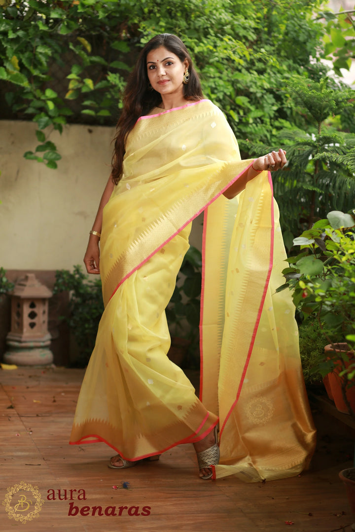 Pre Order :: Pastel Yellow Kora Cotton silk Handloom Banarasi Saree