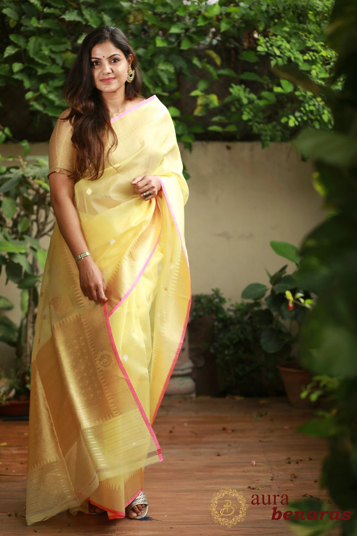 Pre Order :: Pastel Yellow Kora Cotton silk Handloom Banarasi Saree