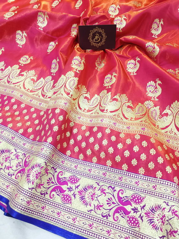 Orangish Pink Banarasi Handloom Satin Silk Saree - Aura Benaras
