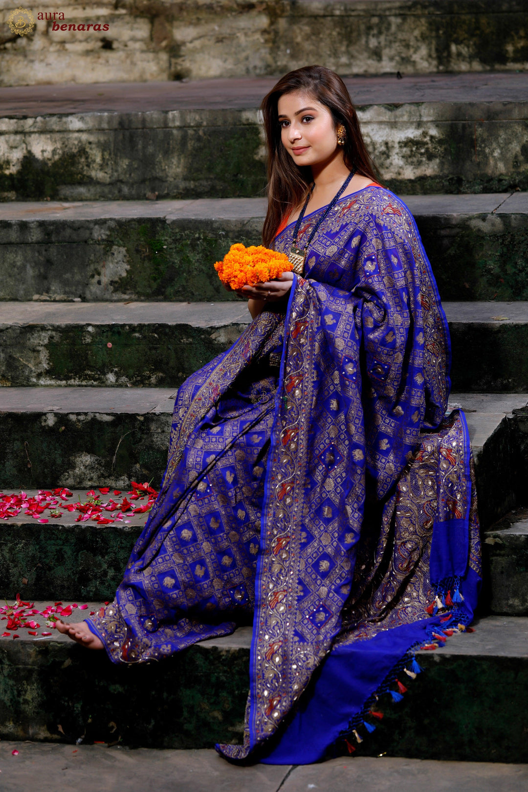 Royal Blue Banarasi Khaddi Georgette Saree - Aura Benaras