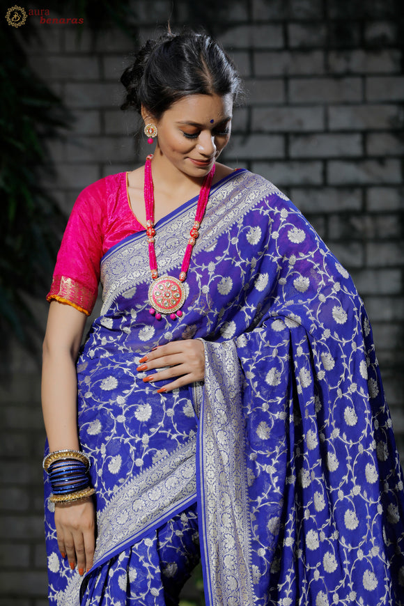 Black Banarasi Silk Saree In Georgette with Gold Zari Weaves