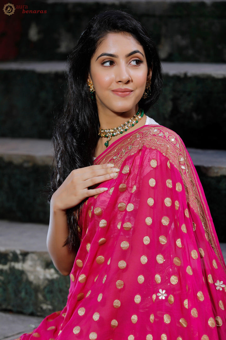 Pink Zardozi Handloom Pure Georgette Silk Saree - Aura Benaras