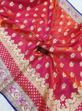 Orangish Pink Banarasi Handloom Satin Silk Saree - Aura Benaras