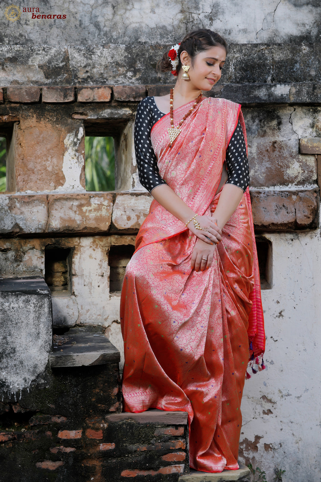 Pink Jamawar Banarasi Handloom Katan Silk Saree - Aura Benaras