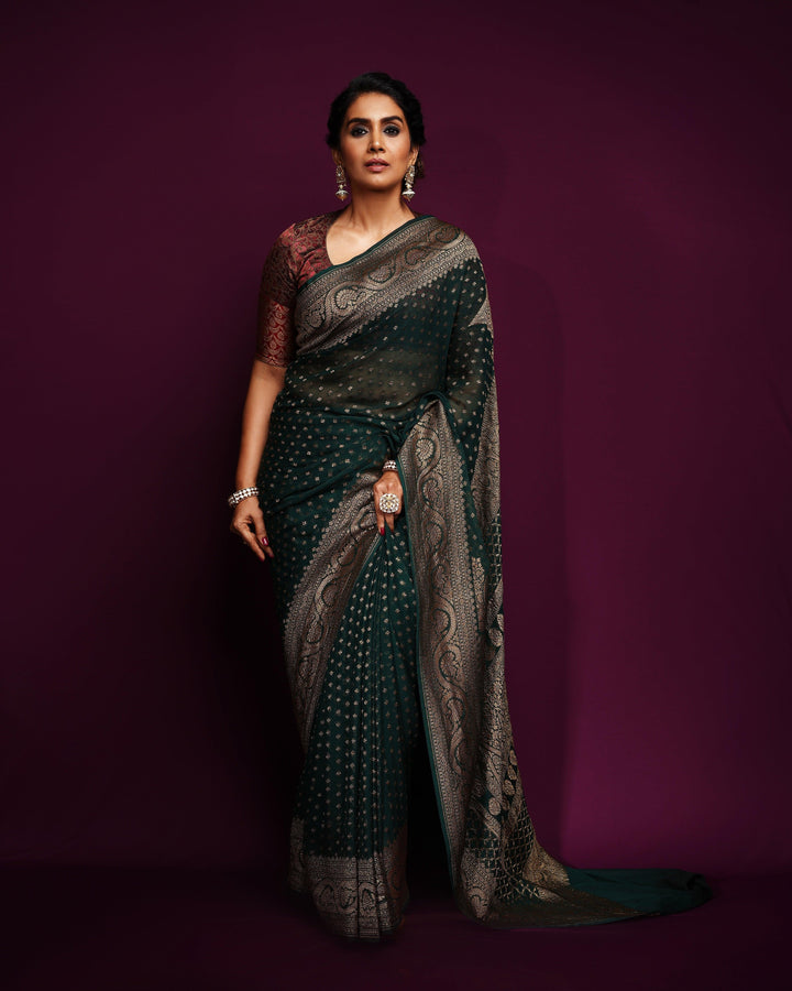 Bottle Green Pure Banarasi Khaddi Georgette Saree - Aura Benaras