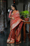 Red Jaal Banarasi Handloom Satin Silk Saree - Aura Benaras
