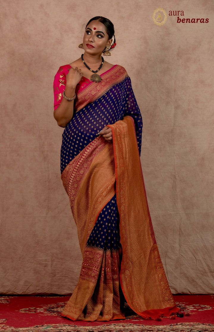 Royal Blue Broad Border Banarasi Handloom Pure Khaddi Georgette Silk Saree - Aura Benaras