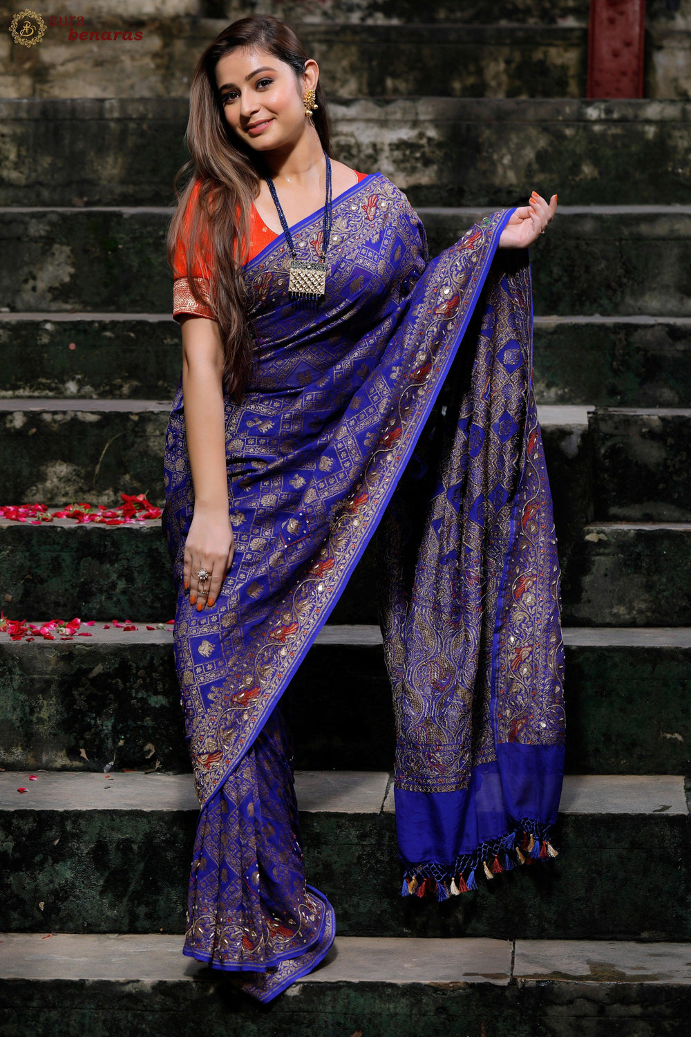 Royal Blue Banarasi Khaddi Georgette Saree - Aura Benaras