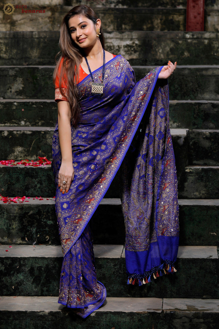 Royal Blue Banarasi Khaddi Georgette Saree - Aura Benaras