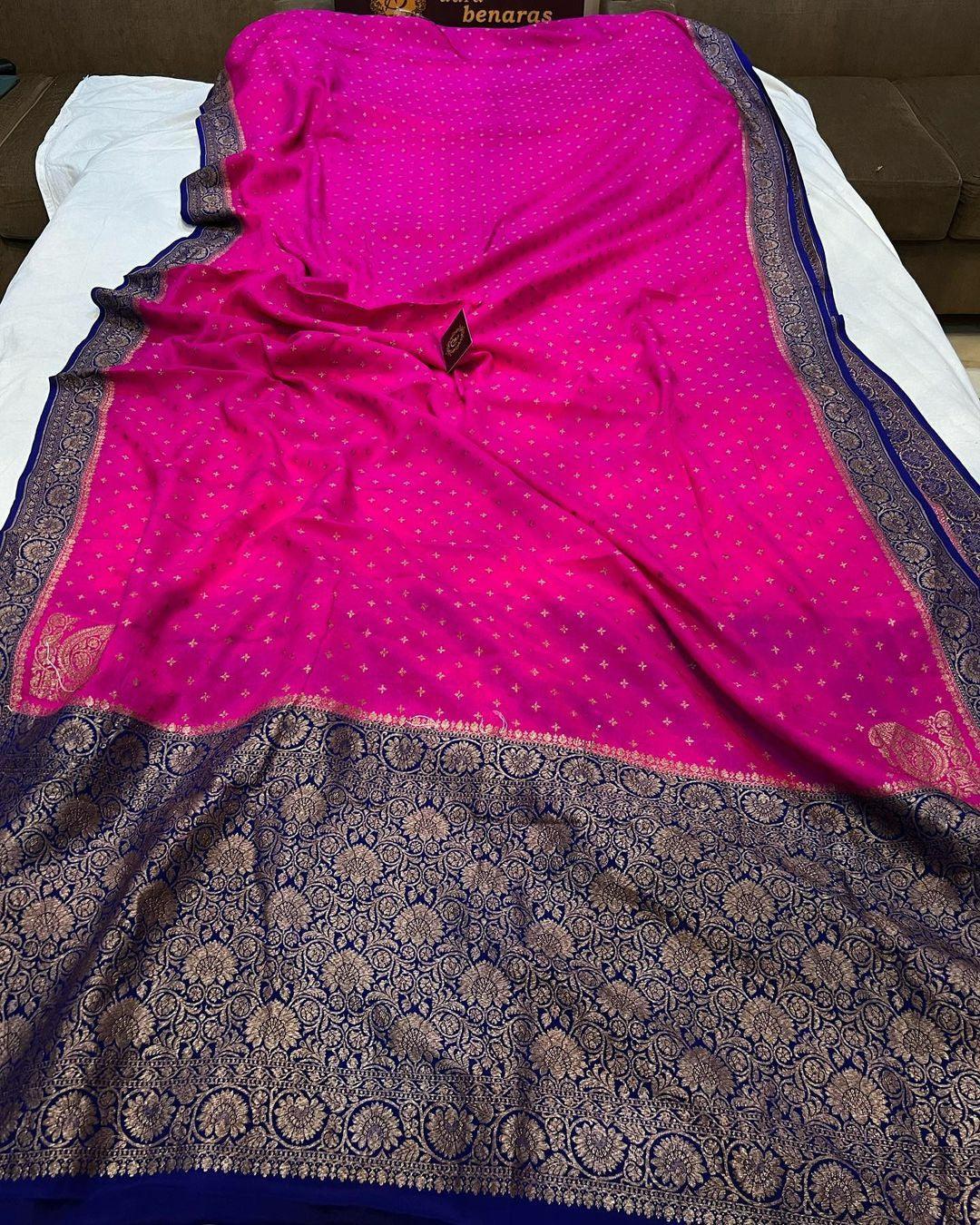 Rani Pink Pure Banarasi Khaddi Crepe Silk Saree - Aura Benaras