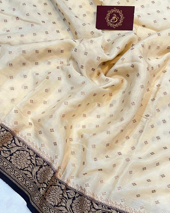 Cream Pure Banarasi Khaddi Crepe Silk Saree - Aura Benaras