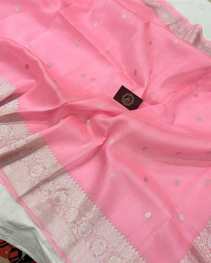 Baby Pink Banarasi Handloom Kora Silk Saree - Aura Benaras