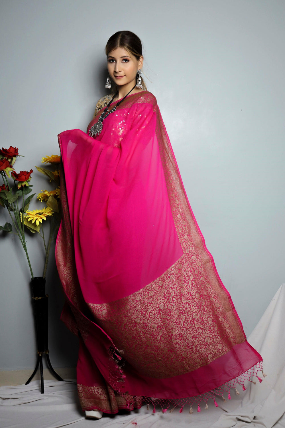 Rani Pink Pure Banarasi Khaddi Georgette Saree - Aura Benaras