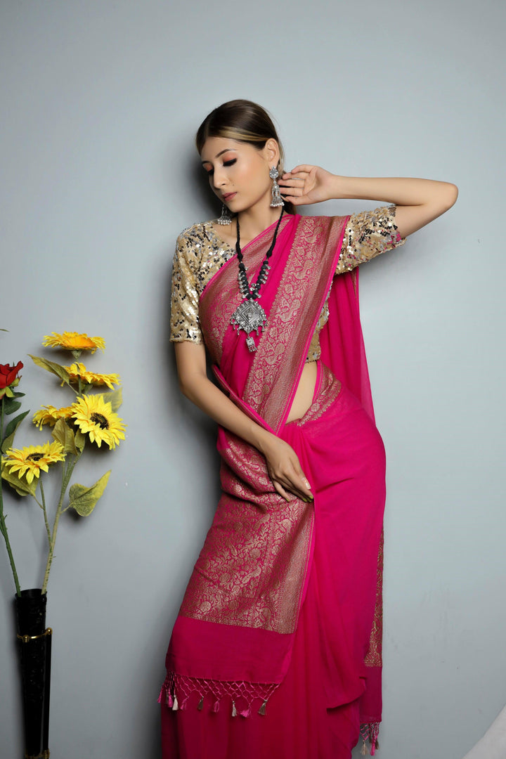 Rani Pink Pure Banarasi Khaddi Georgette Saree - Aura Benaras