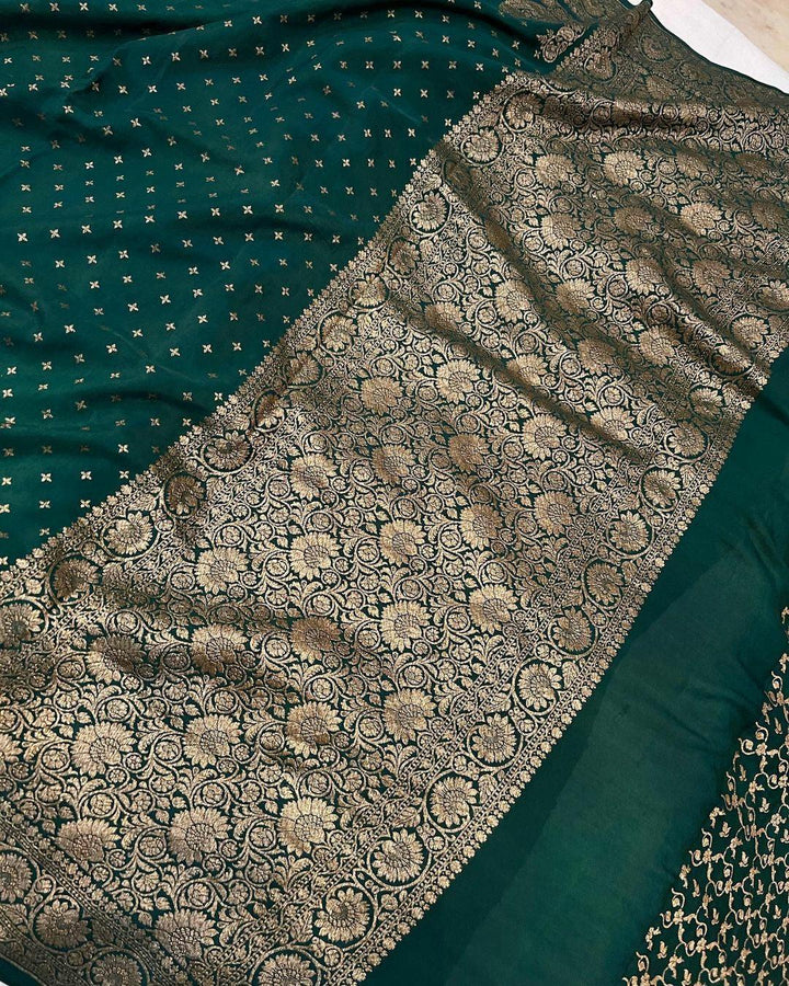 Bottle green Pure Banarasi Khaddi Crepe Silk Saree - Aura Benaras