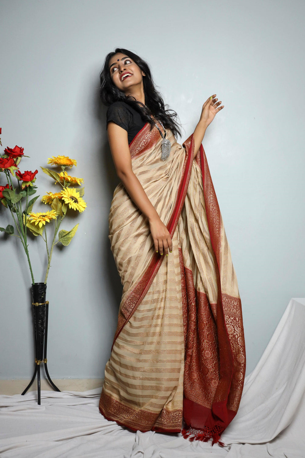 Beige Pure Banarasi Khaddi Georgette Saree - Aura Benaras