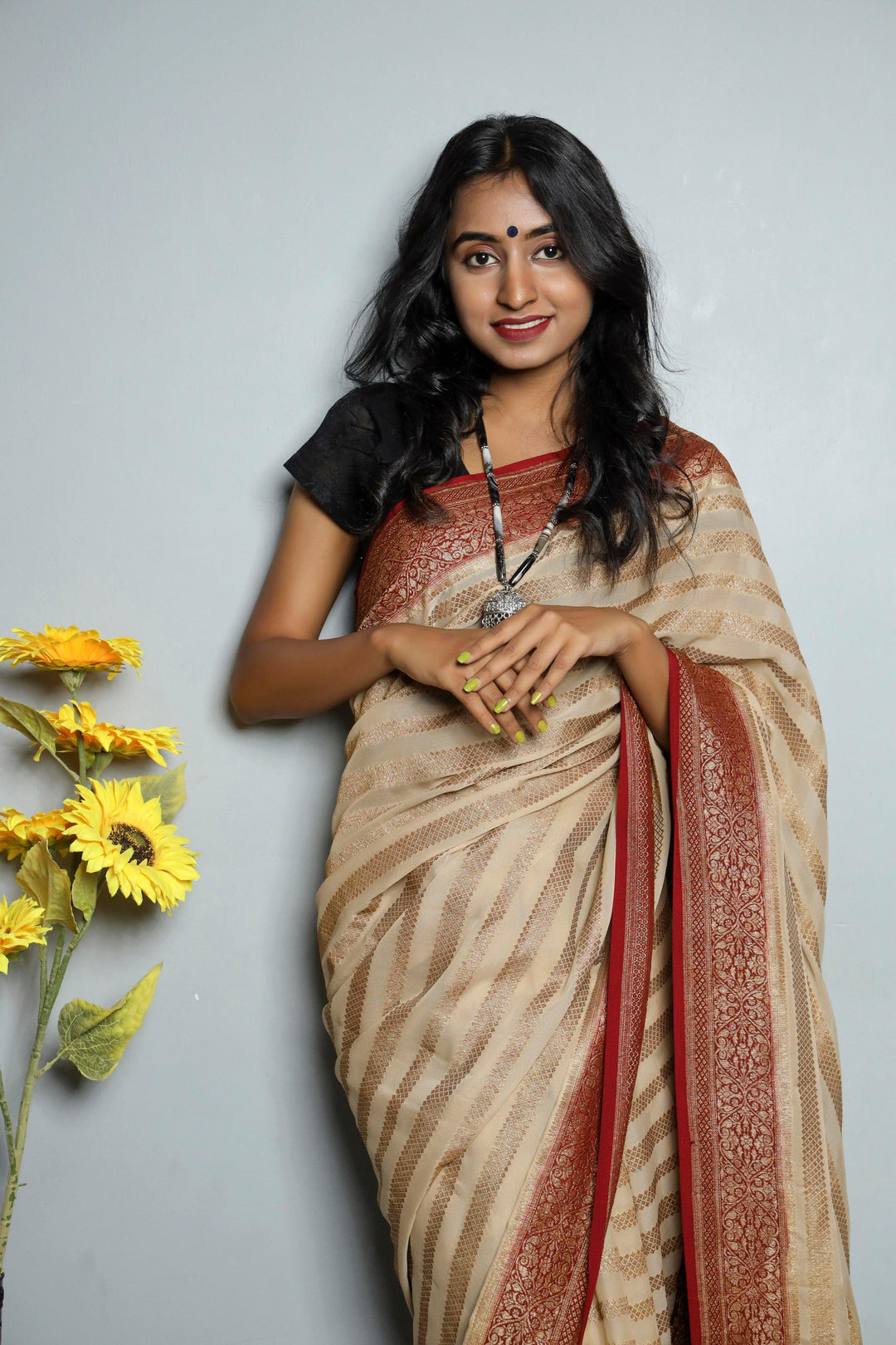 Beige Pure Banarasi Khaddi Georgette Saree - Aura Benaras