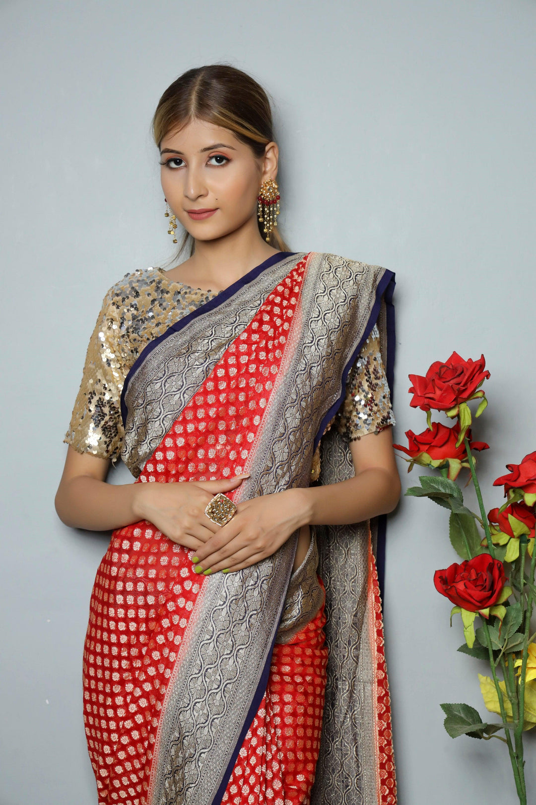Red Pure Banarasi Khaddi Georgette Saree - Aura Benaras