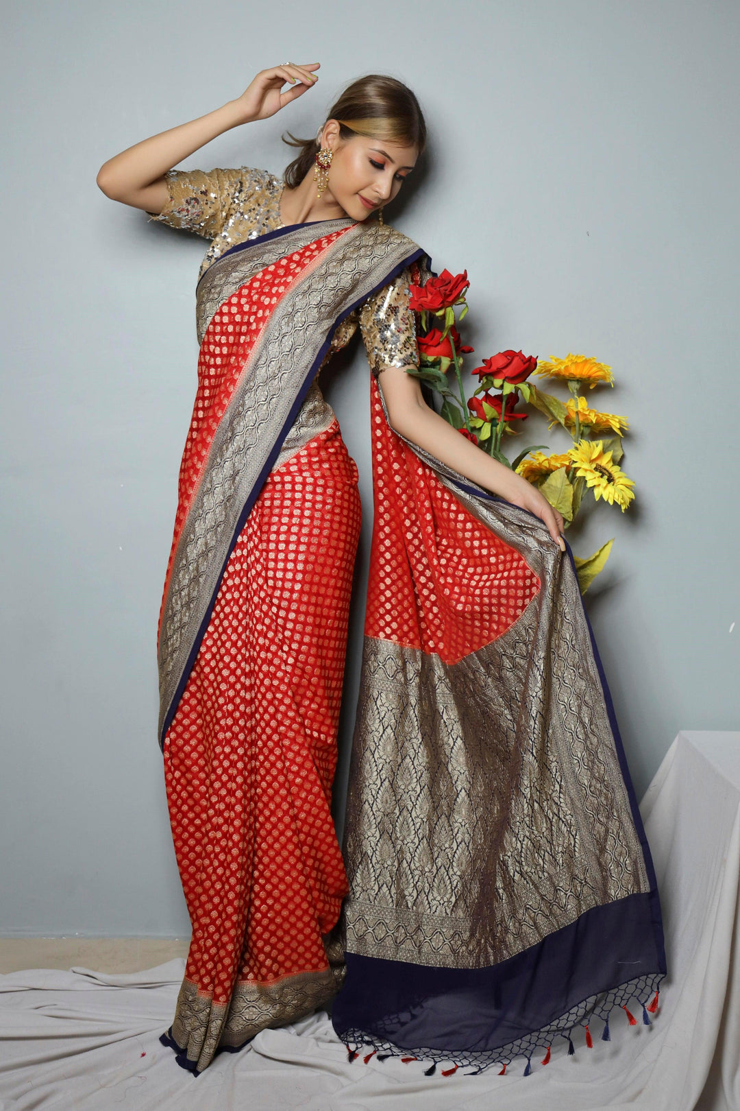 Red Pure Banarasi Khaddi Georgette Saree - Aura Benaras