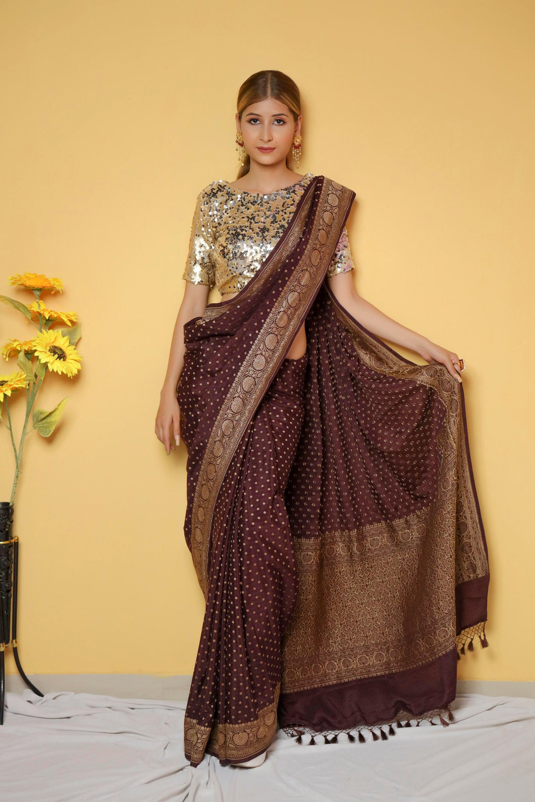 Coffee Brown Pure Banarasi Khaddi Crepe Silk Saree - Aura Benaras