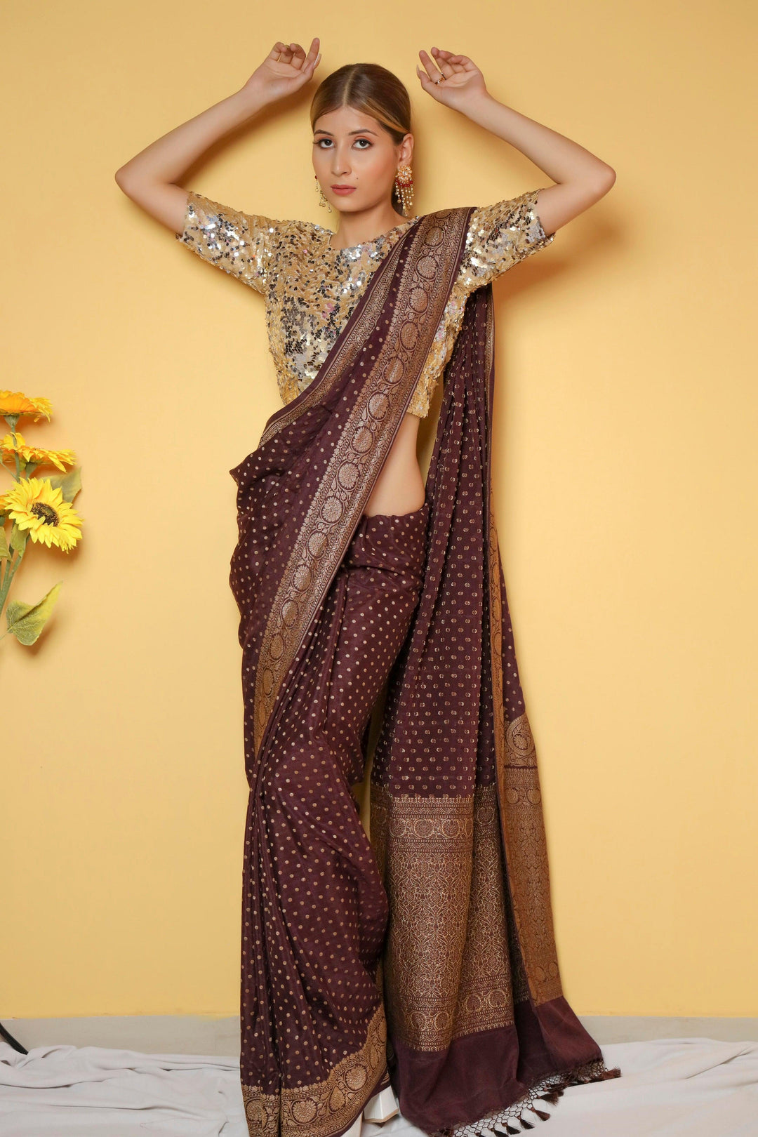 Coffee Brown Pure Banarasi Khaddi Crepe Silk Saree - Aura Benaras