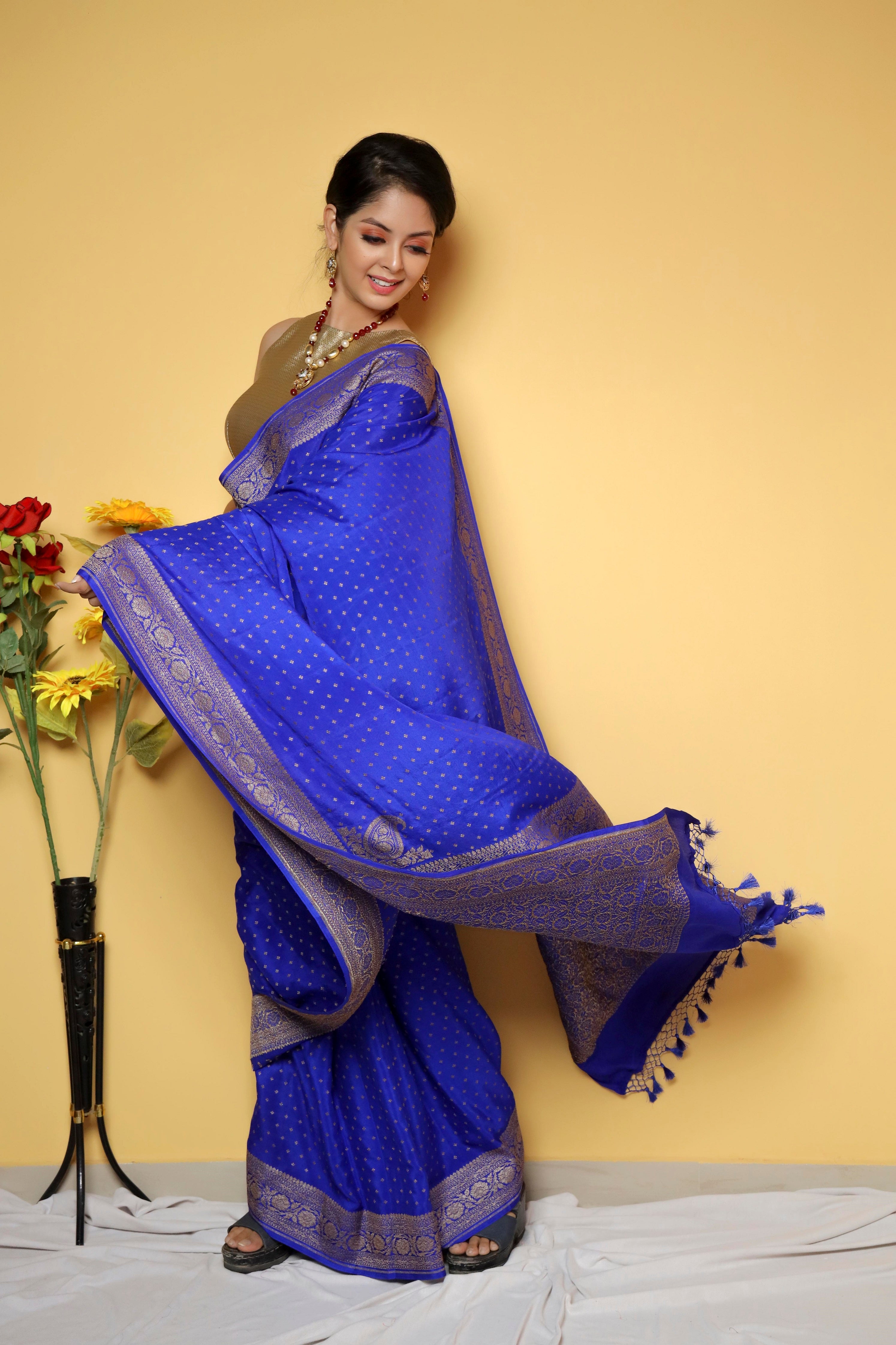 New designer sky-blue color traditional wear silk saree with blouse.