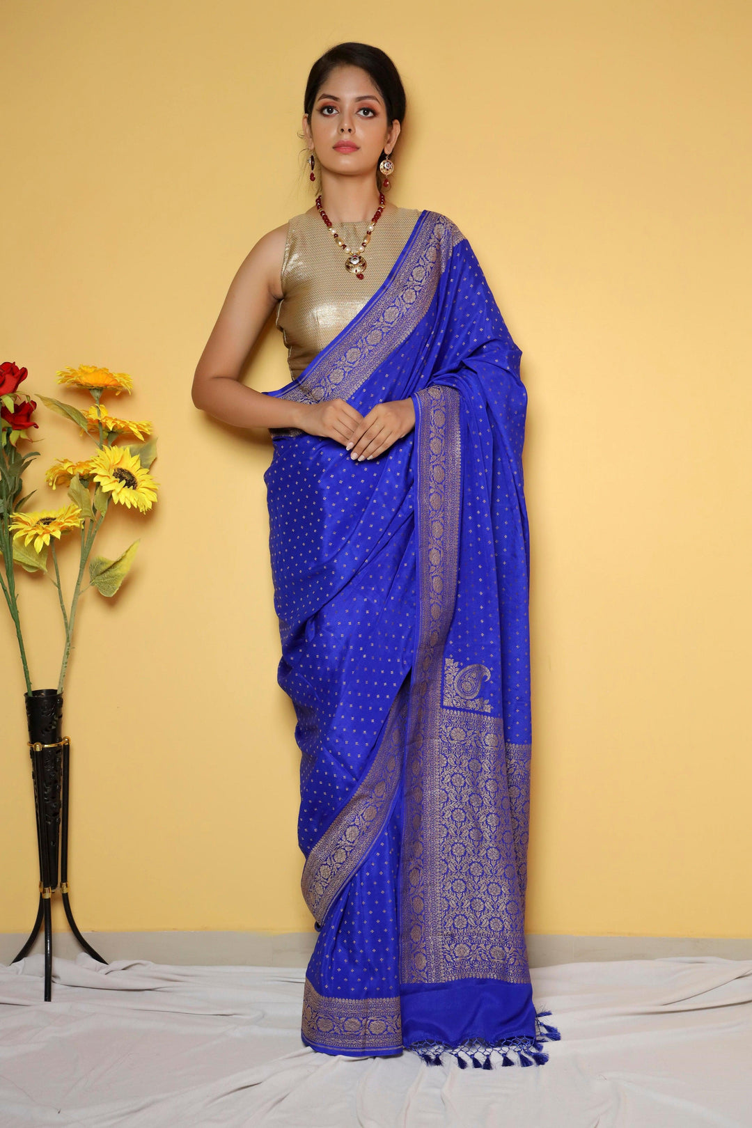 Royal Blue Pure Banarasi Khaddi Crepe Silk Saree - Aura Benaras