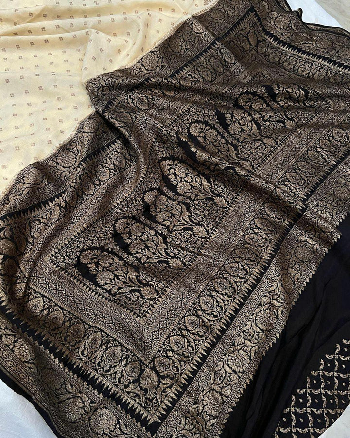 Cream Pure Banarasi Khaddi Crepe Silk Saree - Aura Benaras