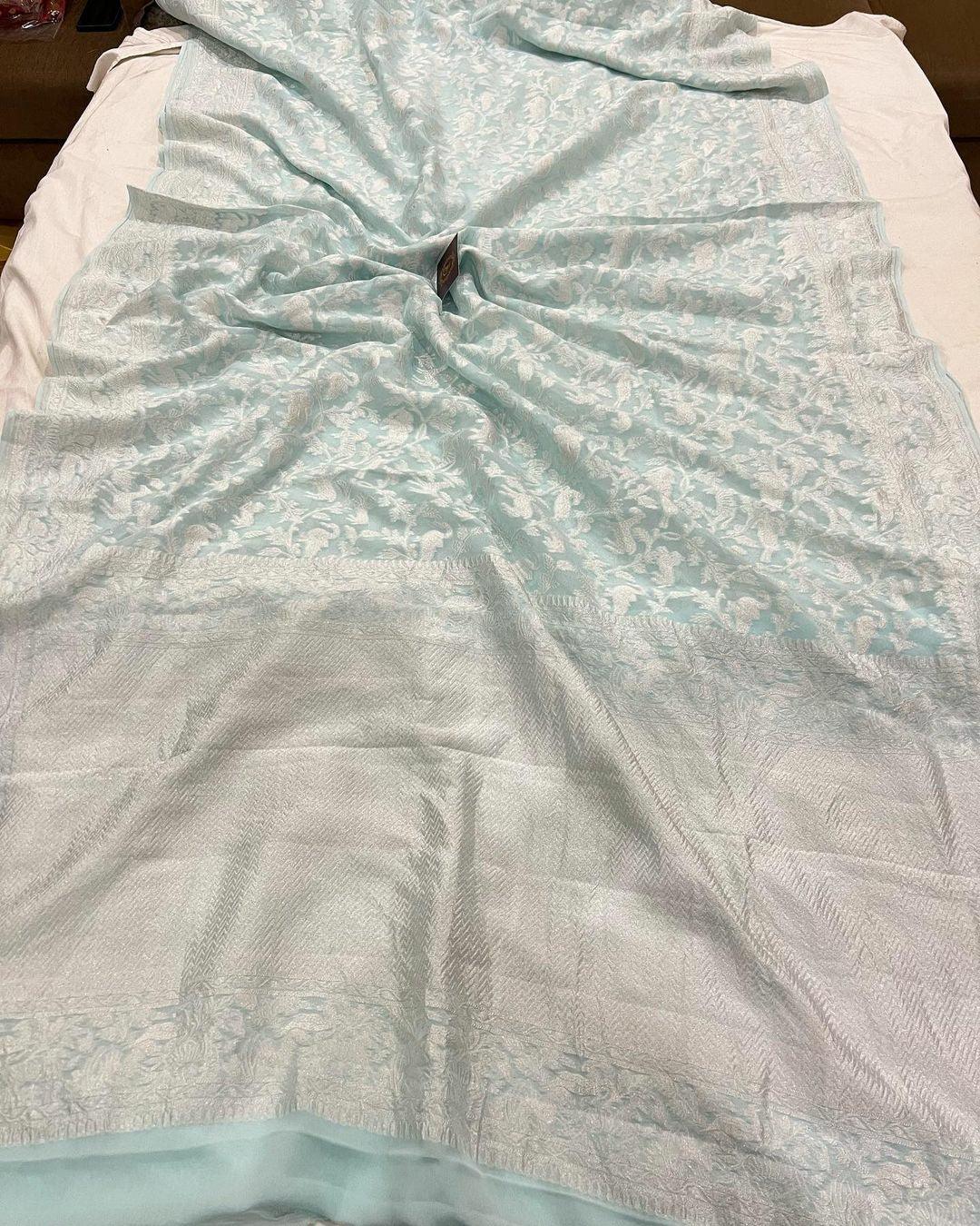 Pale Blue Pure Khaddi Georgette Handloom Banarasi Saree