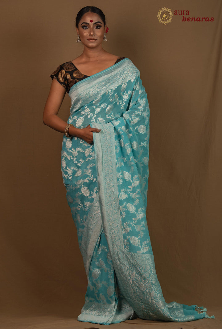 Blue Khaddi Chiffon Georgette Banarasi Handloom Saree