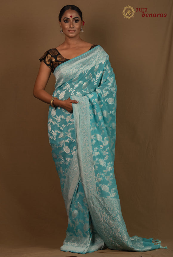 Blue Khaddi Chiffon Georgette Banarasi Handloom Saree