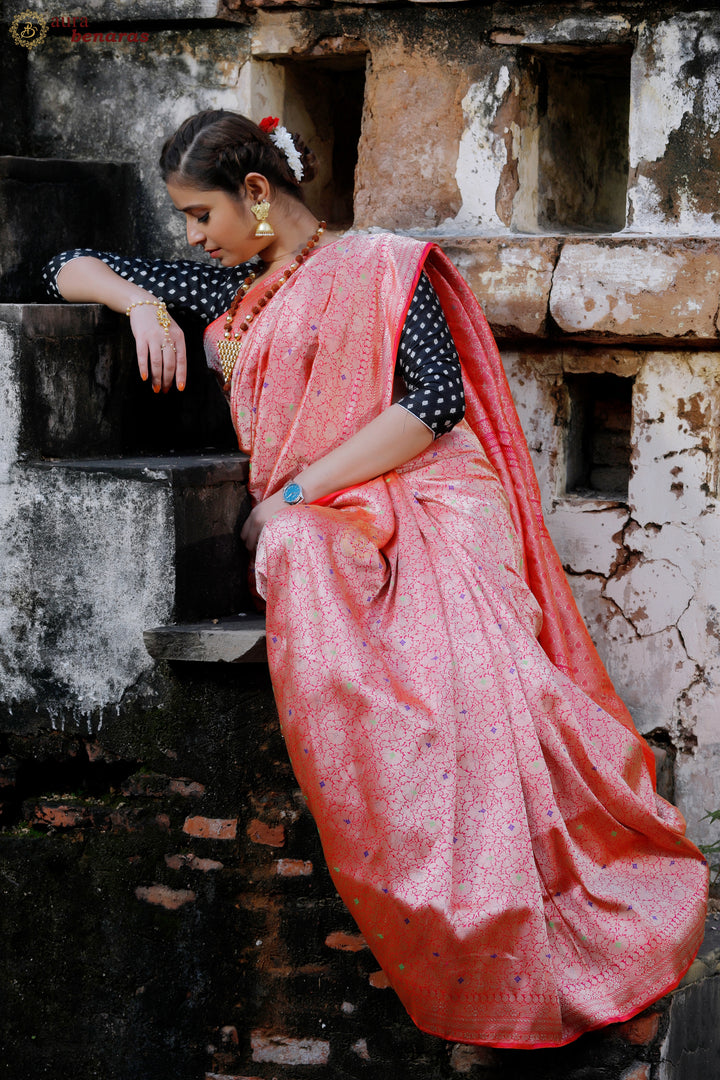 Pink Jamawar Banarasi Handloom Katan Silk Saree - Aura Benaras