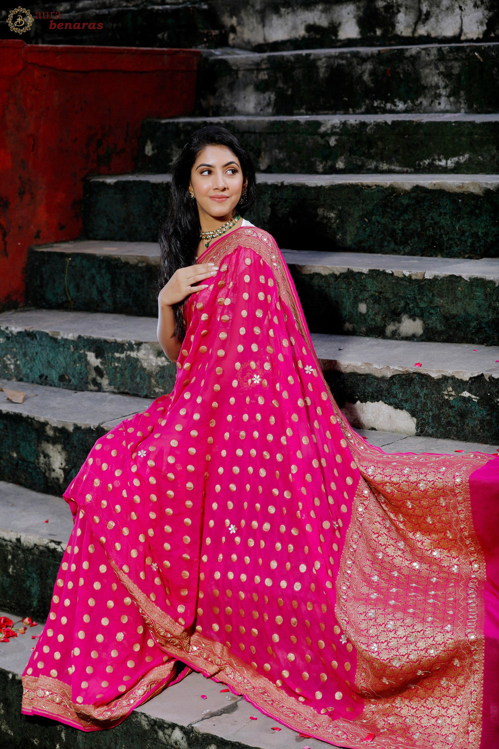 Pink Zardozi Handloom Pure Georgette Silk Saree - Aura Benaras