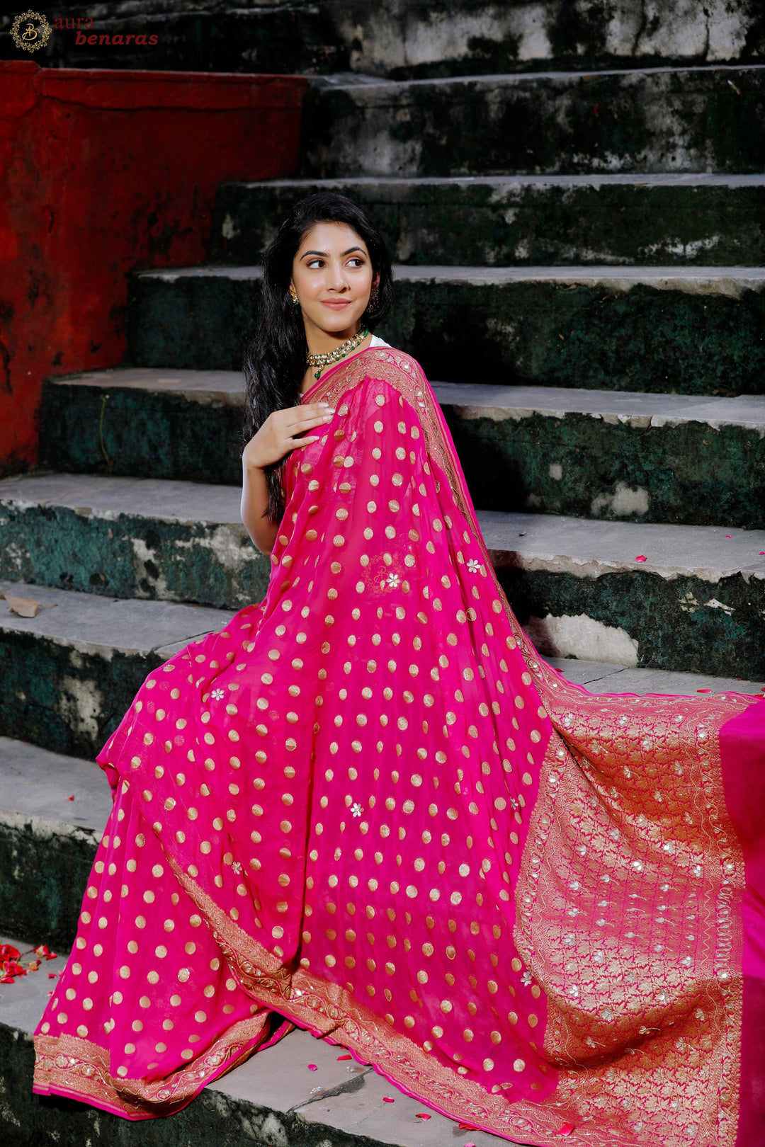 Pink Zardozi Handloom Pure Georgette Silk Saree - Aura Benaras
