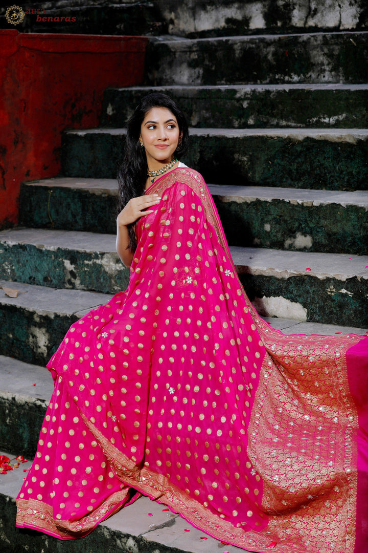 Pink Zardozi Handloom Pure Georgette Silk Saree - Aura Benaras