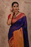 Royal Blue Broad Border Banarasi Handloom Pure Khaddi Georgette Silk Saree - Aura Benaras