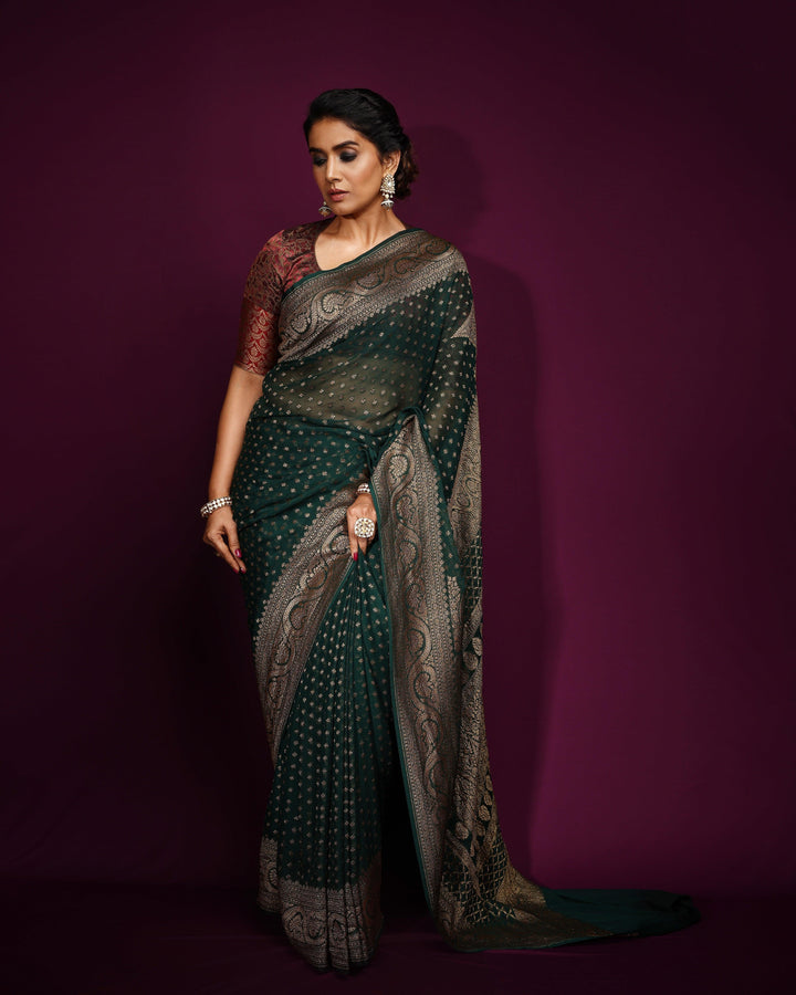 Bottle Green Pure Banarasi Khaddi Georgette Saree - Aura Benaras