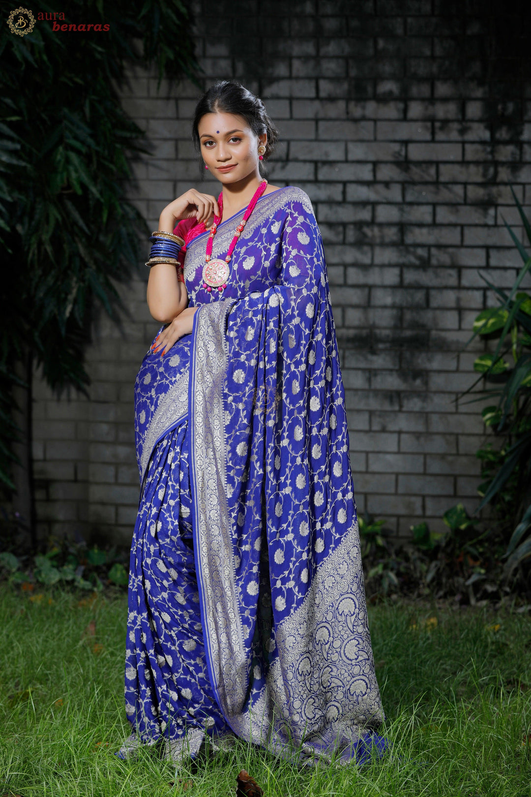 Royal Blue Banarasi Handloom Pure Khaddi Georgette Saree - Aura Benaras