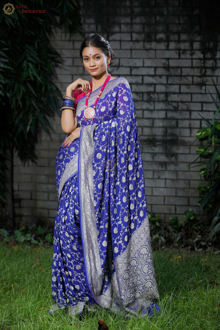 Royal Blue Banarasi Handloom Pure Khaddi Georgette Saree - Aura Benaras