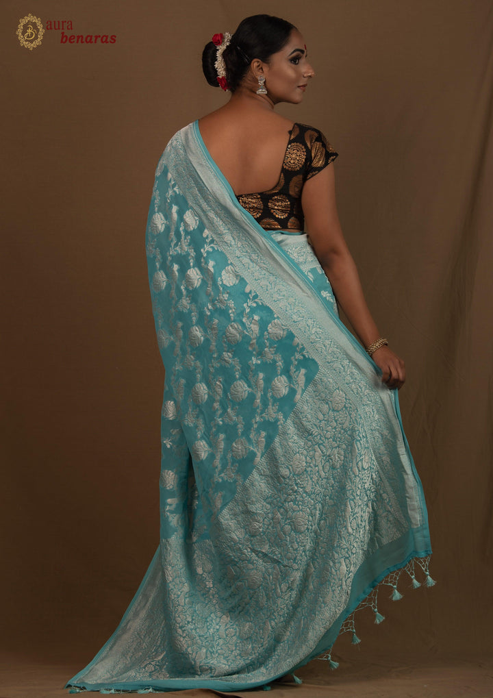 Blue Khaddi Chiffon Georgette Banarasi Handloom Saree