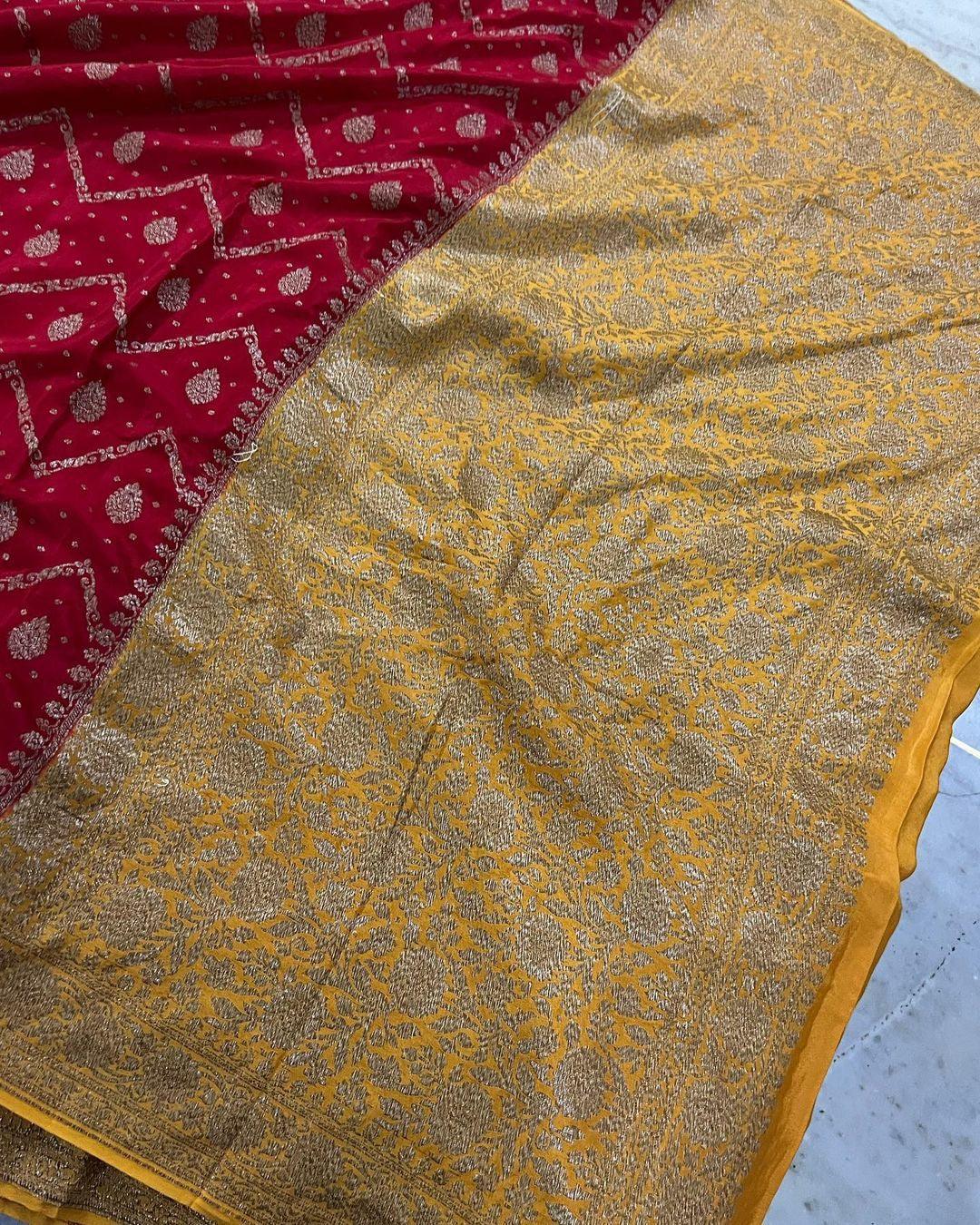 Red Pure Banarasi Khaddi Crepe Silk Saree