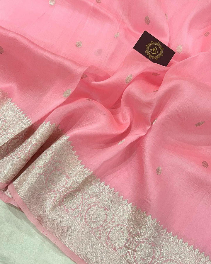 Baby Pink Banarasi Handloom Kora Silk Saree - Aura Benaras