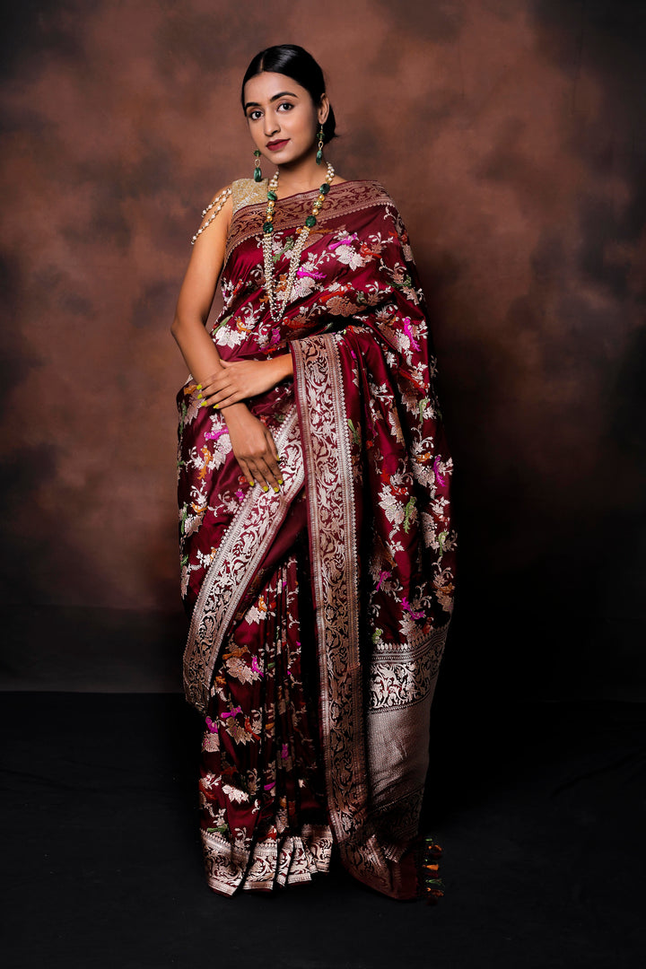 Pre Order :: Deep Maroon Kadwa Jaal Pure Banarasi Handloom Katan Silk Saree